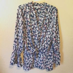 Halston Floral Multi-colored V-neck Long Sleeve Hi-lo Blouse Size Small